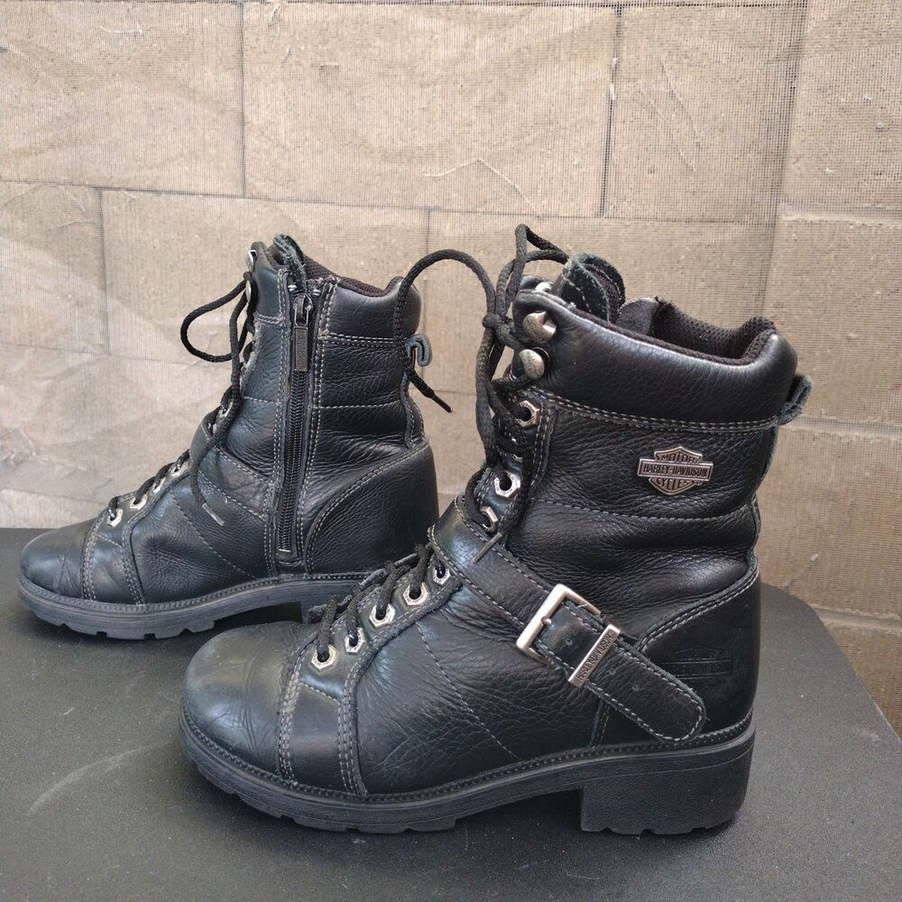Harley Davidson Women's Black Leather Motorcycle Combat Boots Size 7 Stock 85280
